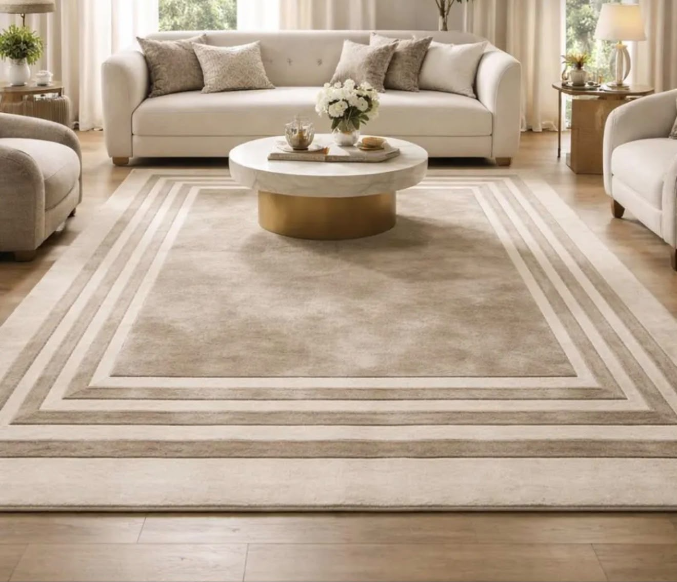 A neutral rug with a border in a furnished living room